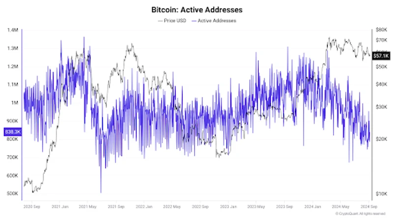 A Bitcoin aktív címek grafikonja árfolyam átfedéssel, amely bemutatja a hálózati aktivitás ingatag trendjeit 2020 és 2024 között.