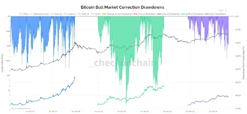 Grafikon, amely bemutatja a Bitcoin bikapiaci korrekciós mintáit több cikluson keresztül.